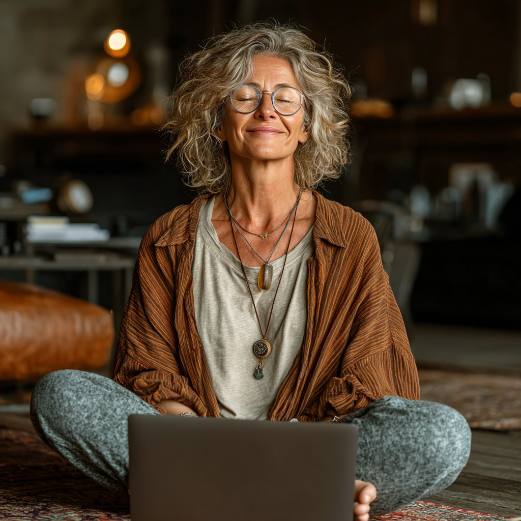 Жінка 62 років практикує йогу вдома перед ноутбуком, посміхається та відчуває зв'язок з онлайн-спільнотою