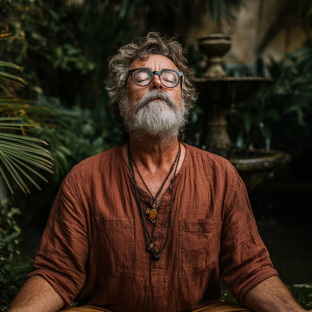 Чоловік 58 років медитує в позі лотоса на природі, відчуваючи глибокий спокій та єдність з оточенням