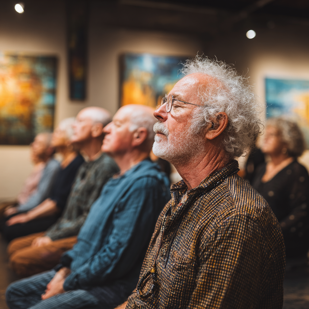 Група людей віком 50-60 років медитує разом в тихій студії, створюючи атмосферу спільного спокою