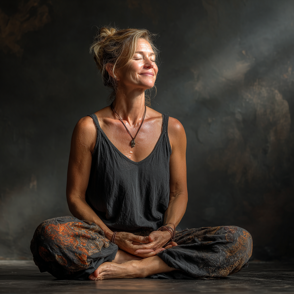 Жінка 55 років виконує м'яку асану йоги в студії, посміхається та відчуває спокій